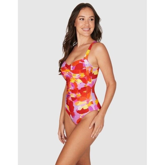Nip Tuck Mauve Poppies Joanne Twist Front Design Tummy Control Swimsuit Sz 4 - Picture 2 of 11